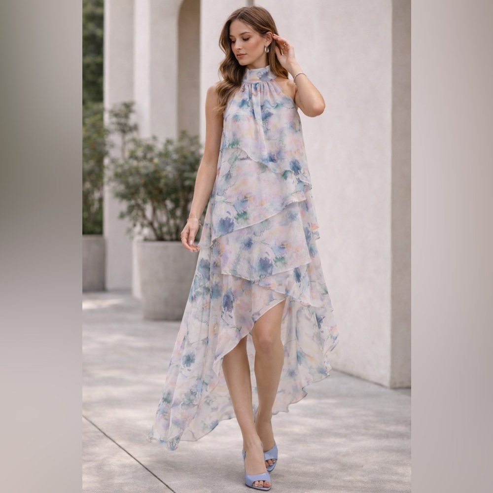 MISA LA Victorine Halter Midi Dress Watercolor Tiered Fairycore Boho NWOT Size S